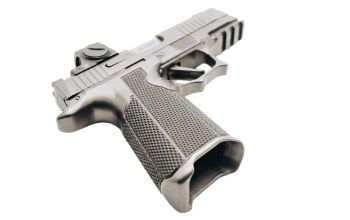 Modern pistol angled to show grip and slide details