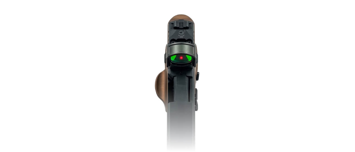 Front view of a handgun showing sight alignment detail