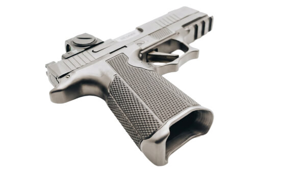 Modern pistol angled to show grip and slide details