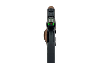 Front view of a handgun showing sight alignment detail